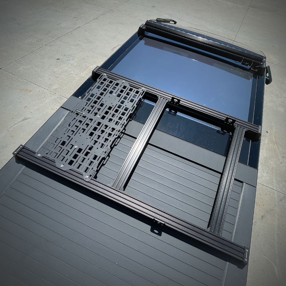 TESLA Cybertruck 24+ Heavy Duty Crossbar Rack Bridge for spare tire - Black FITS BARS 2-3....CUT BAR #4 in half:..Bridge 2-3 = 33 11/16